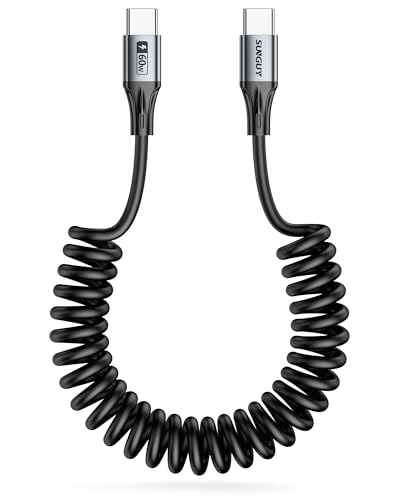 SUNGUY USB C auf USB C Spiralkabel, 【0.3M-0.8M】 60W Ladekabel USB C auf USB C, USB C Datenkabel für Android Auto, iPhone 16/15 Pro Max Plus, Galaxy S24/S23, Google Pixel, iPad Pro, MacBook von SUNGUY