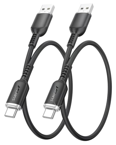 SUNGUY USB auf USB C Kabel, 2Stück 0.3M Flexible Silikon USB C Kabel Android Auto kompatibel mit iPhone 16/15 Pro Max 16E Galaxy S24 Mi14 Moto Edge 40 Ultra Oneplus 12-Schwarz von SUNGUY