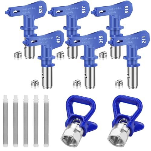 SUNJOYCO 13-teiliges Airless-Farbsprühspitzen-Set, 6 x wendbare Sprühdüsenspitzen mit Abstandshaltern, 2 x Düsenspitzenschutz, 5 x 60 Netz-Airless-Spritzpistolenfilter, 211 315 417 515 517 523 Spitzen von SUNJOYCO