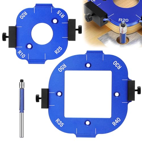 SUNJOYCO 2 Stück Oberfräsen-Eckradius-Schablonen, Radiusvorrichtungen für Holzbearbeitung, Aluminium-Legierung, Eckvorrichtungen mit 1/4-Zoll-Schaft oben und unten, bündiger Zierleisten-Bit von SUNJOYCO