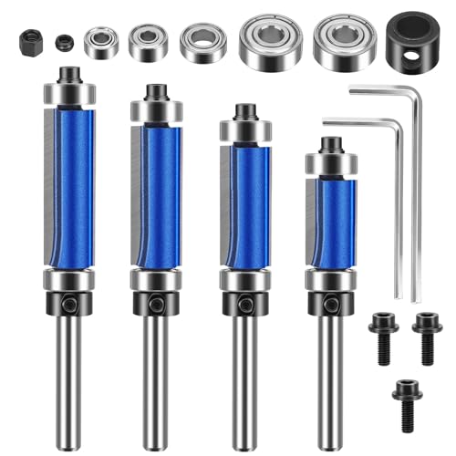 SUNJOYCO 4 Stück Muster-Fräser-Bit, 1/4-Zoll-Schaft, oberes unteres Lager, bündiges Zierleisten-Bit, YG6 Wolframkarbid-Fräser-Bits mit 1,27 cm Schnittdurchmesser, 1,27 cm, 1,9 cm, 2,5 cm, 3,8 cm, 3,8 von SUNJOYCO
