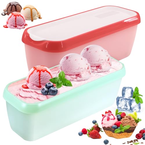 1.5 L Eisbehälter für Speiseeis, 2er-Set Wiederverwendbare Aufbewahrungsbehälter für Eis mit Silikon-Deckel, Tapelbare Gefrierschrank BPA-frei für Selbstgemachtes Eis,Küchenhelfer-Zubehör (Grün+Rosa) von SUNJULY