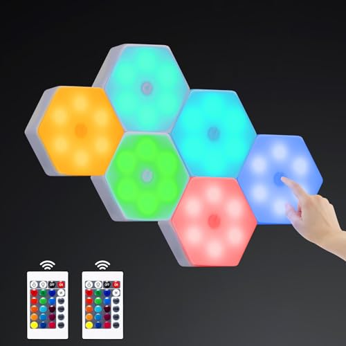6 Stück LED Sechseck Gaming Wandleuchte, Hexagon RGB Panel mit Fernbedienung, Intelligente Timing Dimmbare Dekoratives Atmosphärenlicht, DIY Modular Geometry Assembly für Gamer Zimmer Schlafzimmer Bar von SUNJULY