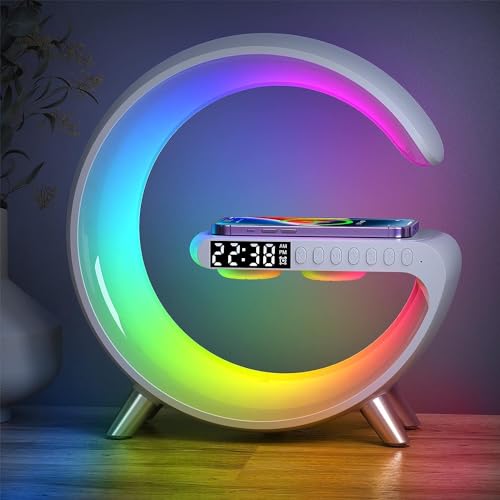 AtmosphäRenlampe Mit Kabellosem LadegeräT, 2025 Neue Intelligente LED Tischlampe, Bluetooth Lautsprecher, Dimmbare Nachtlicht Touch Lampe Alarm Clock Mit Musiksynchronisierung, App Steuerung (Weiß) von SUNJULY