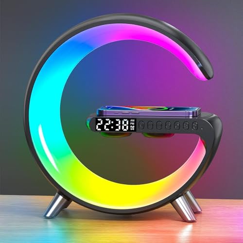 AtmosphäRenlampe Mit Kabellosem LadegeräT, 2025 Neue Intelligente LED Tischlampe, Bluetooth Lautsprecher, Dimmbare Nachtlicht Touch Lampe Alarm Clock Mit Musiksynchronisierung, App Steuerung (Schwarz) von SUNJULY
