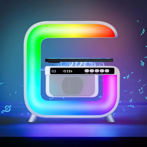 SUNJULY Atmosphärenlampe Mit Kabellosem Ladegerät, Neue Intelligente Lichtwecker Bluetooth Lautsprecher LED Tischlampe, Nachtlicht Lampe Nachttischlampe Musik FM Alarm Clock, USB AUX/TF-Karte (Weiß) von SUNJULY