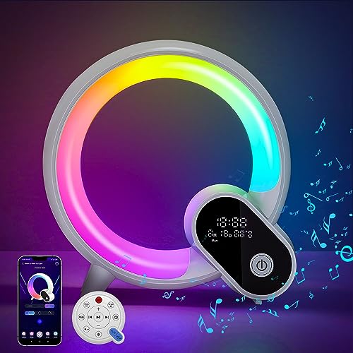 Intelligente LED Tischlampe, 2024 Neue AtmosphäRenlampe Mit Bluetooth Lautsprecher, Dimmbare Nachtlicht Lampe Musik Alarm Clock Kalender Uhr Temperatur, Fernbedienung Tasten App Steuerung (Weiß) von SUNJULY