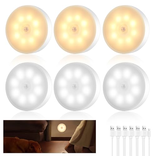 Nachtlicht mit Bewegungsmelder, 6 Stück USB Wiederaufladbar LED Nachtlicht, Mini Selbstklebende Sensor Licht mit Bewegungssensor für Treppe Schrank Flur Schlafzimmer Kinderzimmer Notlicht (6) von SUNJULY