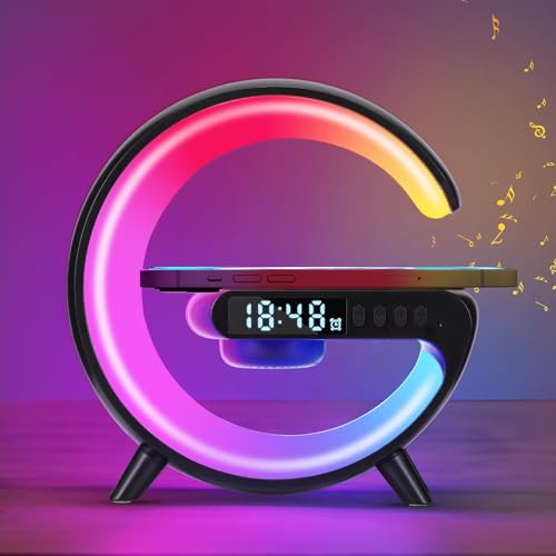 Nachttischlampe mit Mit Kabellosem LadegeräT, 2025 Neue Intelligente LED Tischlampe, AtmosphäRenlampe Mit Bluetooth Lautsprecher, Mini Dimmbare Nachtlicht Lampe Alarm Clock Mit Music , Tastensteuerung von SUNJULY