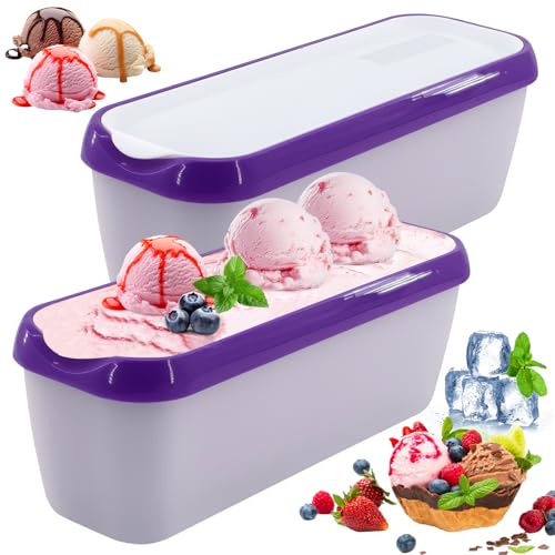 SUNJULY 1.5 L Eisbehälter für Speiseeis, 2er-Set Wiederverwendbare Aufbewahrungsbehälter für Eis mit Silikon-Deckel, Tapelbare Gefrierschrank BPA-frei für Selbstgemachtes Eis,Küchenhelfer-Zubehör-Lila von SUNJULY
