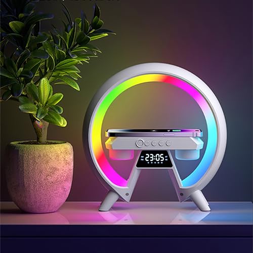 SUNJULY Atmosphärenlampe Mit Kabellosem Ladegerät, Neue Intelligente Lichtwecker Bluetooth Lautsprecher LED Tischlampe, Nachtlicht Lampe Nachttischlampe Musik Alarm Clock, AUX/TF-Karte (Weiß) von SUNJULY