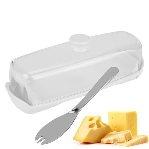 SUNJULY Butterdose, Klare Butterschale mit Deckel und Griff, Rechteckige Butterglocke Butter Behälter, Butterdose mit Multifunktionales Spatel Butter Dish Butterbox Küche Kühlbox für Käse Butter Obst von SUNJULY