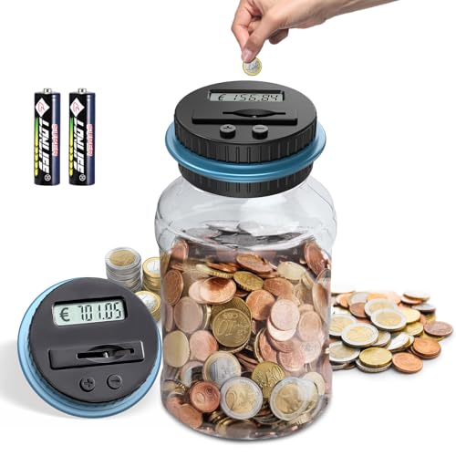 SUNJULY Digitale Spardose mit Zähler, 1.8L Spardose Groß, Elektronisch Sparschwein mit LCD Display Euro Geld Sparen, Transparente Münzzähler Automatisch, Geschenk für Kinder und Erwachsene (Blau) von SUNJULY