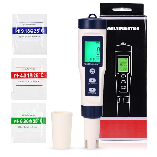 SUNJULY PH Messgerät, 5 in 1 LCD Digital Wasserqualität Tester mit Hintergrundbeleuchtung, TDS/PH/EC/Salzgehalt/Temperatur Wasser Tester für Trinkwasser, Pool, Aquarium, Spa, Schwimmbad, Teich von SUNJULY