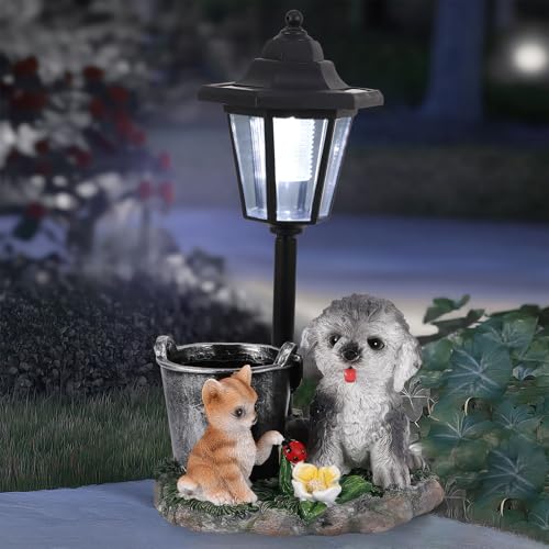 SUNJULY Solar Hund Garten Statuen Dekor für Außen, Hund Gartenstatuen Ornamente mit Solar Lichtern,Outdoor Decor Statue Wasserdicht Niedlich Harz für Garten Terrasse Hof Rasenornamente Teich Vorgarten von SUNJULY