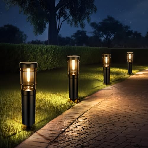 Solarleuchten für Garten, 4 Stück Solarlampe Gartenleuchten mit Warmweiß Wolfram Licht, IP65 Wasserdicht Auto Ein/Aus Solar Gartenbeleuchtung mit 900mAh Akku für Aussen Rasen Hof Balkon Gehweg Deko von SUNJULY