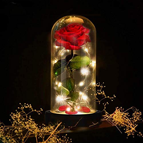 Sunjuly Strahlende Rose, Rosa und LED-Licht, Ewige Rose aus Seide, mit Kuppel aus Glas, elegant, romantisches Geschenk, Heimdekoration, Geburtstag, Valentinstag, Muttertag von SUNJULY