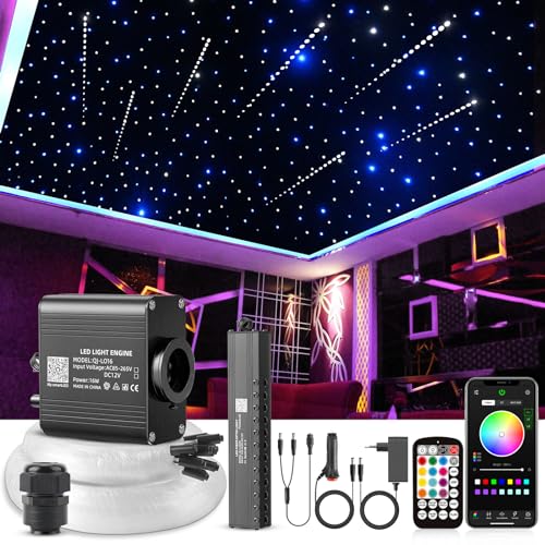 SUNKENET 16W Meteor Twinkle Sternenhimmel Auto, 400pcs of (0.75+1.0+1.5mm)*3m Sternenhimmel Glasfaser mit Shooting Star Light Kit RGBW Bluetooth-APP/Fernbedienung Led Glasfaser Licht für Auto/Decke von SUNKENET