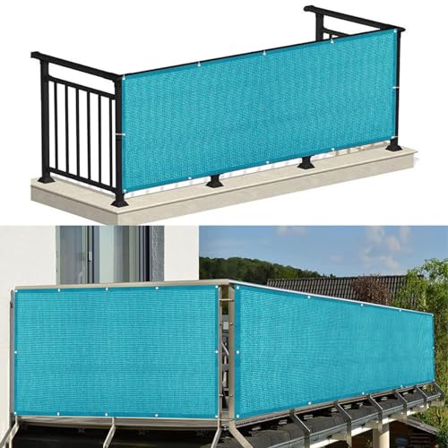 Balkon Sichtschutz 145 x 150 cm Blickdichte Wind Uv-Schutz Deko für Balkongeländer Reißfest, mit Ösen Kabelbinder für Garten Balkon Zaun Terrassen, Himmelblau von SUNLIMEI