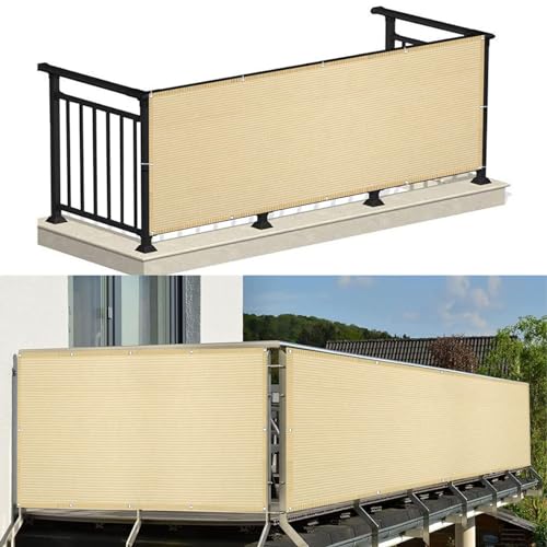Balkon Sichtschutz 35 x 400 cm Uv-Schutz Balkonverkleidung Balkonbespannung Reißfest, mit Ösen Kabelbinder Sichtschutz für Balkon Terrasse, Creme Farben von SUNLIMEI