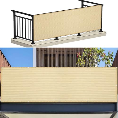 Balkon Sichtschutz Ohne Bohren 75 x 425 cm HDPE Atmungsaktiv Sichtschutz Balkongeländer mit Ösen Kabelbinder Und Kordel für Garten Balkon Zaun Terrassen, Creme Farben von SUNLIMEI