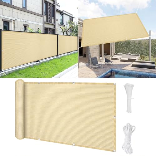 Balkon Sichtschutz Ohne Bohren 90 x 180 cm 100% Privatsphäre Balkonverkleidung Balkonabdeckung Reißfest, mit Ösen Kabelbinder für Garten Balkon Zaun Terrassen, Creme Farben von SUNLIMEI