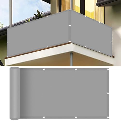 Balkon Sichtschutz Wasserdicht 100 x 800 cm Segeltuch mit Ösen Balkon-Verkleidung Schattiernetz mit Ösen Kabelbinder Und Kordel für Garten Balkon Zaun Terrassen, Hellgrau von SUNLIMEI