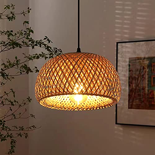 Handgewebte Bambus Lampe Pendelleuchte für Esstisch, Rattan Decke Hängelampe Korblampe mit Stecker, Vintage Kronleuchter Deckenleuchte Deko für Wohnzimmer Kochinsel Restaurant (Halbkreis Lampenschirm) von SUNLLOK