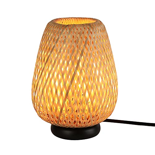 SUNLLOK Boho Nachttischlampe mit Holz sockel, Rattan Lampe kleine Tischlampe für Schlafzimmer, Vintage Bambus Lampenschirml leselampe Tisch Lampen Deko für Wohnzimmer, Kinderzimmer, Büro von SUNLLOK