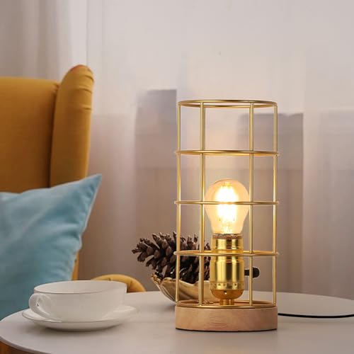 SUNLLOK Golden tischlampe mit Holz sockel, Metallkäfig-Schirm kleine Nachttischlampe für Schlafzimmer, Vintage Steampunk Industrial leselampe Schreibtischlampe Deko für Wohnzimmer, Kinderzimmer, Büro von SUNLLOK