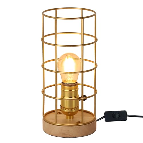 SUNLLOK Golden tischlampe mit Holz sockel, Metallkäfig-Schirm kleine Nachttischlampe für Schlafzimmer, Vintage Steampunk Industrial leselampe Schreibtischlampe Deko für Wohnzimmer, Kinderzimmer, Büro von SUNLLOK