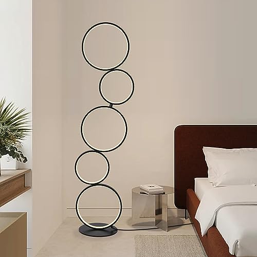SUNLLOK Moderne 5 Ringe Dimmbare LED Stehlampe für Wohnzimmer, Industrielle Kreis Stehlampe mit Schalter, Schwarz Hoch Lese Schreibtisch Licht Dekoration für Küche Insel Schlafzimmer Büro Restaurant von SUNLLOK