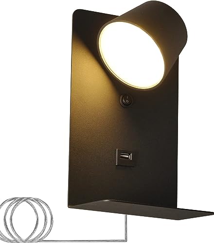 SUNLLOK Moderne Lese LED Wandleuchte mit USB Ladeanschluss & Regalen – Verstellbar Warmweiß Flexibler Kopf Wandlampe – Innen Wandbeleuchtung Deko für Bad Wohnzimmer, Kinderzimmer (Schwarz, 3200 K) von SUNLLOK