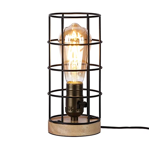 SUNLLOK Nachttischlampe mit Holzsockel, Metallkäfig-Schirm kleine tischlampe für Schlafzimmer, Vintage Steampunk Industrial leselampe Desk Light Deko für Wohnzimmer, Kinderzimmer, Büro von SUNLLOK