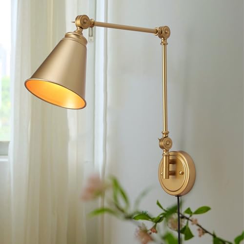 SUNLLOK Swing Arm Golden Wandleuchte mit Stecker, Vintage Schnur-rustikale justierbare Lampenschirm, Moderne Hängende Wandleuchte Industrielle Metall Lesen Dekor für Wohnzimmer Kinder Schlafzimmer von SUNLLOK