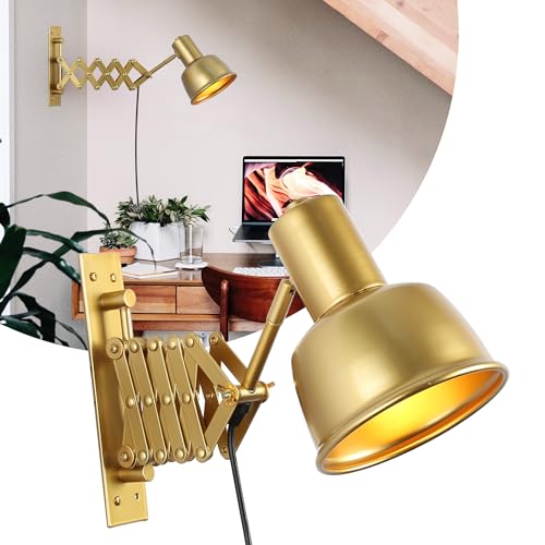 SUNLLOK Vintage Golden Schwenkarm Wandleuchte, Zeitgenössische Erweitert Einstecken LED Hängelampe Wandstrahler, Modern Inner E27 Base Wandleuchten Dekoration für Nachttisch Lesen, Wohnzimmer, Büro von SUNLLOK