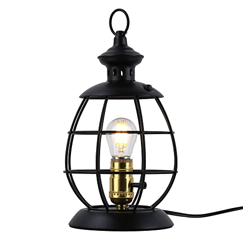 SUNLLOK Vintage Holzlaternen Tischlampe für Wohnzimmer, Industrielle 12-Zoll Anti Rustikal Nachtlese Schreibtischlampe – Hurricane Nachttischlampe für den Flur im Freien, Veranda, Terrasse (Schwarz) von SUNLLOK
