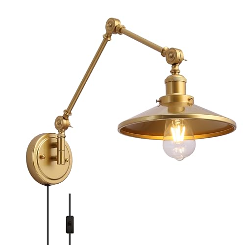 SUNLLOK Moderne Swing Arm Wandleuchte mit Stecker in Schnur-rustikale justierbare goldene Lampenschirm Hängende Wandleuchte für Industrielle Metall Lesen Dekoration für Wohnzimmer Kinder Schlafzimmer von SUNLLOK