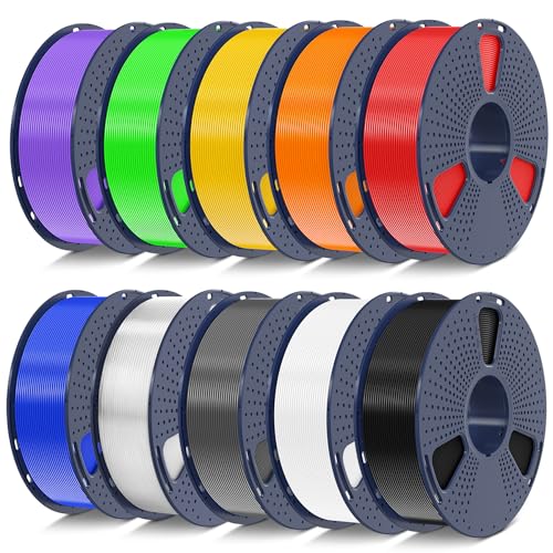 SUNLU PLA Filament 10KG Mehrfarbiges, 3D Drucker Filament PLA 1.75mm +/- 0,02mm, 1KG 3D Filament, 10 Pcs. (Schwarz+Weiß+Grau+Blau+Grün+Rot+Orange+Transparente+Reines Gelb+Violett) von SUNLU