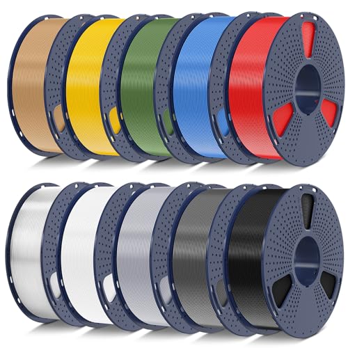 SUNLU PLA Filament 10KG Mehrfarbiges, Sauber Gewickelt 3D Drucker Filament PLA 1.75mm +/- 0,02mm, 1KG 3D Filament, 10 Pcs. (Schwarz+Weiß+Grau+Rot+Olivgrün+Gelb+Blau Grau+Holz+Silbrig+Transparente) von SUNLU