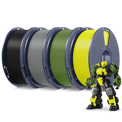 SUNLU 4KG PLA+ Filament, PLA Plus 3D Drucker Filament 1.75mm ±0.02mm, Bessere Zähigkeit, 1kg per Spool, 4 Packs, Schwarz+Olivgrün+Grau+Gelb von SUNLU