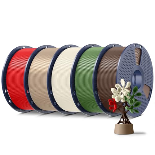 SUNLU 5KG PLA Plus 3D Druckerfilament, PLA+ Filament 1.75mm, Robustes 3D Filament, Kompatibel mit 3D Druckern, 1kg Spule, insgesamt 5kg, Knochen Weiß+Holz (Eiche)+Kaffee Braun+Olivgrün+Rot von SUNLU