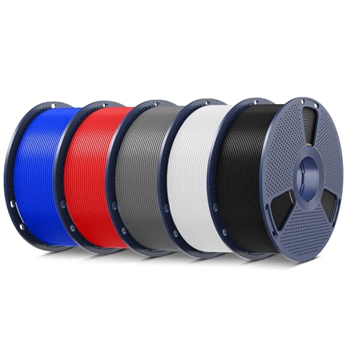 SUNLU 5KG PLA Plus 3D Druckerfilament, PLA+ Filament 1.75mm, Robustes 3D Filament, Kompatibel mit 3D Druckern, 1kg Spule (2.2 Pfund), insgesamt 5kg, Schwarz+Weiß+Grau+Blau+Rot von SUNLU