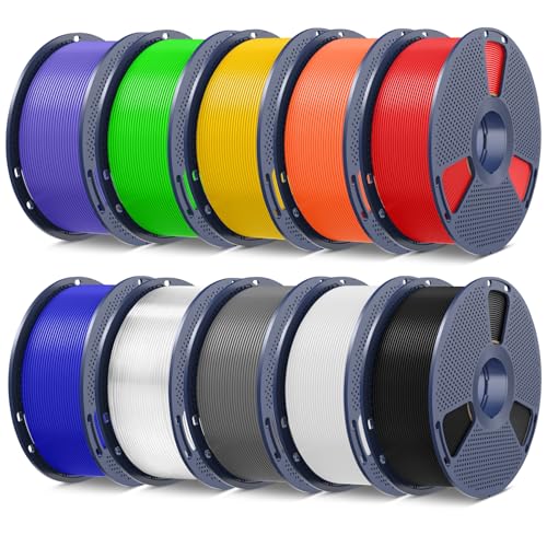 SUNLU PLA Filament 10KG Mehrfarbiges, Sauber Gewickelt 3D Drucker Filament PLA 1.75mm +/- 0,02mm, 1KG Spule, 10 Pcs. (Schwarz+Weiß+Grau+Rot+Olivgrün+Gelb+Blau Grau+Holz+Silbrig+Transparente) von SUNLU