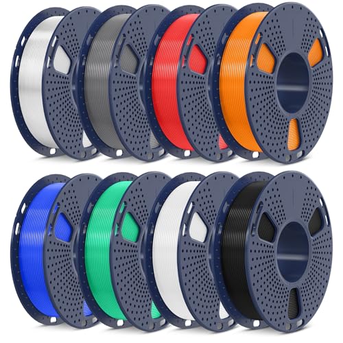 SUNLU PLA+ 3D-Druckerfilament 8er-Pack, PLA PLUS Filament 1.75 mm, verbesserte Zähigkeit, 0.25 kg Spule, sauber gewickeltes Filament mit 8 Farben, Schwarz+Weiß+Grau+Transparent+Rot+Blau+Orange+Grün von SUNLU