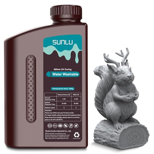 SUNLU Wasser Waschbares 3D Drucker Resin,1kg 405nm UV Schnell Härtend 3D Harz,für 2K 4K 8K LCD DLP SLA Resin 3D Drucker, Kein Alkohol Erforderlich, Hohe Präzision 3D Harz 1000g,Dunkel Grau von SUNLU