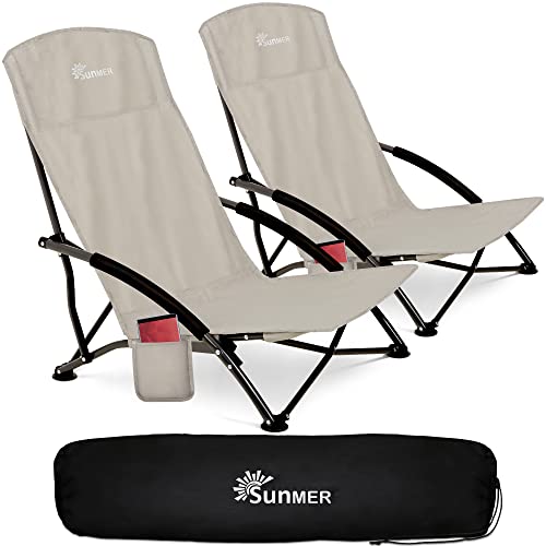 SUNMER 2er Set Faltbarer Strandstuhl mit Seitentasche & Tragetasche - Faltbarer Niedriger Campingstuhl, Kompakt, Leicht, Tragbare Stühle, 120kg Kapazität - Grau von SUNMER