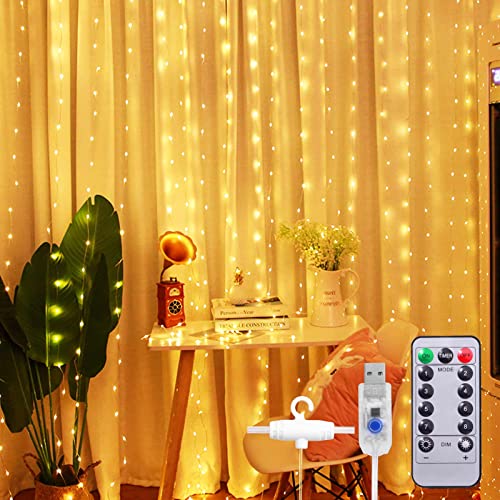 LED Lichtervorhang Lichterketten, SUNNEST 3×3m 300 LED USB Vorhanglichter String Light 8 Modi mit Fernbedienung Timer IP68 für Deko Innenbeleuchtung (Warmweiß) von SUNNEST