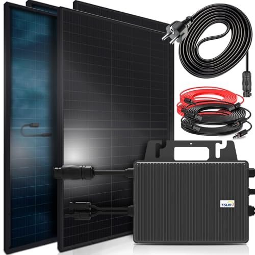 SUNNIVA® 2000W Balkonkraftwerk BIFAZIAL FULLBLACK komplett Steckdose TSUN 2000W Wechselrichter, PV Solaranlage, 4x 500W Glas-Glas Solarmodule, inkl. 5m Kabel, Bluetooth WIFI, Komplettset von SUNNIVA