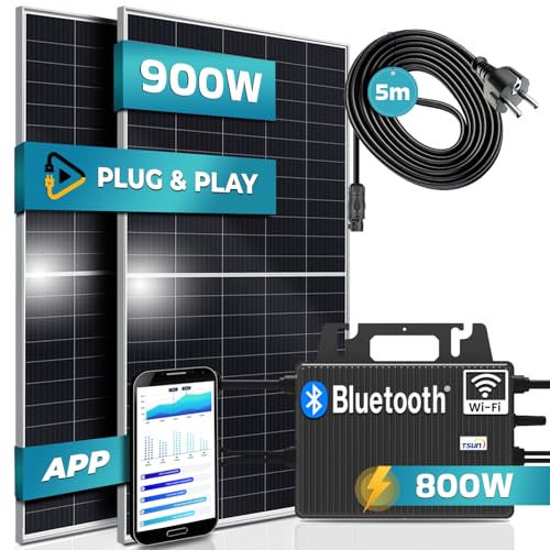 SUNNIVA 900W Balkonkraftwerk 800W komplett Steckdose - TSUN 800W Wechselrichter - PV Solaranlage Komplettset - 2x 450W Solarmodule - inkl. 5m Kabel - Bluetooth WIFI von SUNNIVA